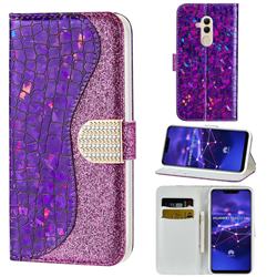 Glitter Diamond Buckle Laser Stitching Leather Wallet Phone Case for Huawei Mate 20 Lite - Purple