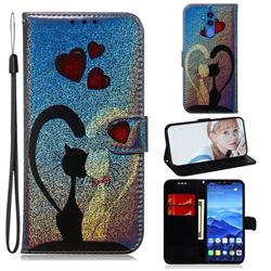 Love Cat Laser Shining Leather Wallet Phone Case for Huawei Mate 20 Lite