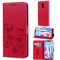 Embossing Rose Flower Leather Wallet Case for Huawei Mate 20 Lite - Red