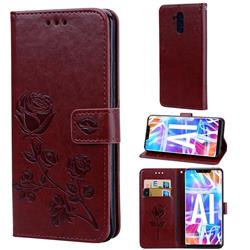 Embossing Rose Flower Leather Wallet Case for Huawei Mate 20 Lite - Brown