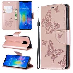 Embossing Double Butterfly Leather Wallet Case for Huawei Mate 20 Pro - Rose Gold