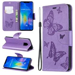 Embossing Double Butterfly Leather Wallet Case for Huawei Mate 20 Pro - Purple