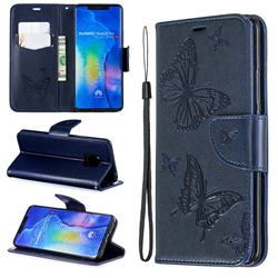 Embossing Double Butterfly Leather Wallet Case for Huawei Mate 20 Pro - Dark Blue