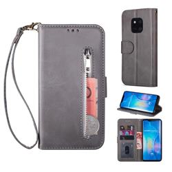 Retro Calfskin Zipper Leather Wallet Case Cover for Huawei Mate 20 Pro - Grey