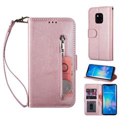Retro Calfskin Zipper Leather Wallet Case Cover for Huawei Mate 20 Pro - Rose Gold