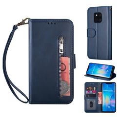 Retro Calfskin Zipper Leather Wallet Case Cover for Huawei Mate 20 Pro - Blue