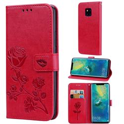 Embossing Rose Flower Leather Wallet Case for Huawei Mate 20 Pro - Red