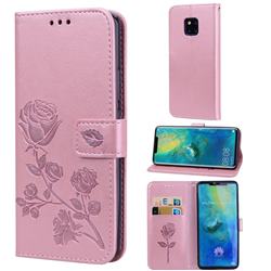 Embossing Rose Flower Leather Wallet Case for Huawei Mate 20 Pro - Rose Gold