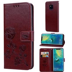 Embossing Rose Flower Leather Wallet Case for Huawei Mate 20 Pro - Brown