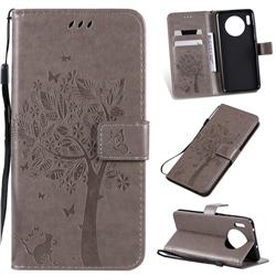 Embossing Butterfly Tree Leather Wallet Case for Huawei Mate 30 - Grey