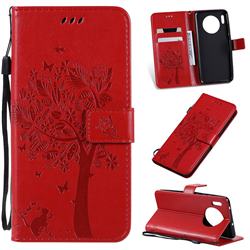 Embossing Butterfly Tree Leather Wallet Case for Huawei Mate 30 - Red