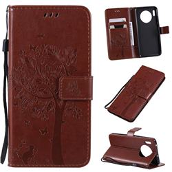Embossing Butterfly Tree Leather Wallet Case for Huawei Mate 30 - Coffee