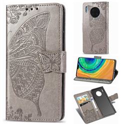 Embossing Mandala Flower Butterfly Leather Wallet Case for Huawei Mate 30 - Gray