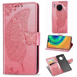 Embossing Mandala Flower Butterfly Leather Wallet Case for Huawei Mate 30 - Pink