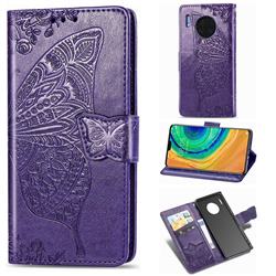 Embossing Mandala Flower Butterfly Leather Wallet Case for Huawei Mate 30 - Dark Purple