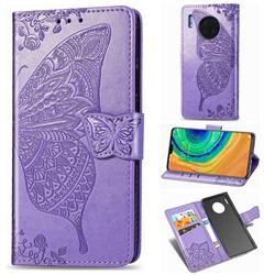Embossing Mandala Flower Butterfly Leather Wallet Case for Huawei Mate 30 - Light Purple