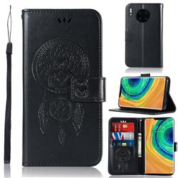 Intricate Embossing Owl Campanula Leather Wallet Case for Huawei Mate 30 - Black