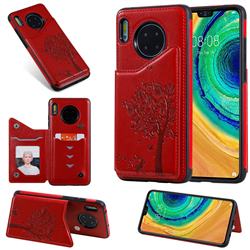 Luxury R61 Tree Cat Magnetic Stand Card Leather Phone Case for Huawei Mate 30 - Red