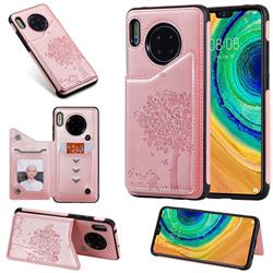 Luxury R61 Tree Cat Magnetic Stand Card Leather Phone Case for Huawei Mate 30 - Rose Gold