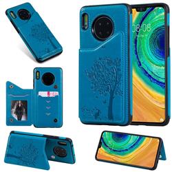 Luxury R61 Tree Cat Magnetic Stand Card Leather Phone Case for Huawei Mate 30 - Blue