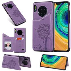Luxury R61 Tree Cat Magnetic Stand Card Leather Phone Case for Huawei Mate 30 - Purple