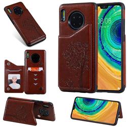 Luxury R61 Tree Cat Magnetic Stand Card Leather Phone Case for Huawei Mate 30 - Brown