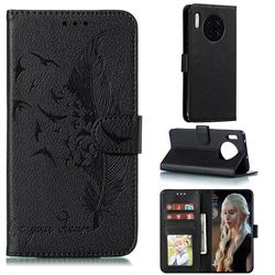 Intricate Embossing Lychee Feather Bird Leather Wallet Case for Huawei Mate 30 - Black