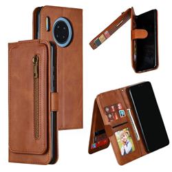 Multifunction 9 Cards Leather Zipper Wallet Phone Case for Huawei Mate 30 - Brown