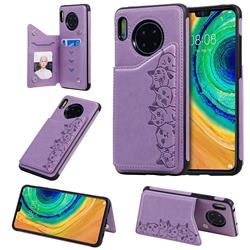 Yikatu Luxury Cute Cats Multifunction Magnetic Card Slots Stand Leather Back Cover for Huawei Mate 30 - Purple