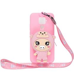 Pink Pig Neck Lanyard Zipper Wallet Silicone Case for Huawei Mate 30 Lite(Nova 5i Pro)
