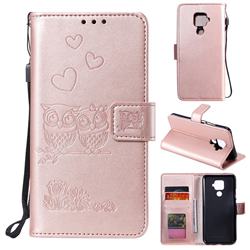 Embossing Owl Couple Flower Leather Wallet Case for Huawei Mate 30 Lite(Nova 5i Pro) - Rose Gold