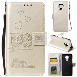 Embossing Owl Couple Flower Leather Wallet Case for Huawei Mate 30 Lite(Nova 5i Pro) - Golden