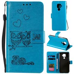 Embossing Owl Couple Flower Leather Wallet Case for Huawei Mate 30 Lite(Nova 5i Pro) - Blue