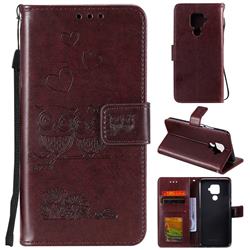 Embossing Owl Couple Flower Leather Wallet Case for Huawei Mate 30 Lite(Nova 5i Pro) - Brown