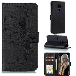 Intricate Embossing Lychee Feather Bird Leather Wallet Case for Huawei Mate 30 Lite(Nova 5i Pro) - Black
