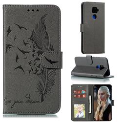 Intricate Embossing Lychee Feather Bird Leather Wallet Case for Huawei Mate 30 Lite(Nova 5i Pro) - Gray