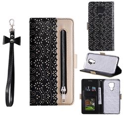 Luxury Lace Zipper Stitching Leather Phone Wallet Case for Huawei Mate 30 Lite(Nova 5i Pro) - Black