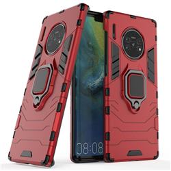 Black Panther Armor Metal Ring Grip Shockproof Dual Layer Rugged Hard Cover for Huawei Mate 30 Pro - Red