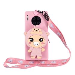 Pink Pig Neck Lanyard Zipper Wallet Silicone Case for Huawei Mate 30 Pro