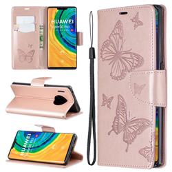 Embossing Double Butterfly Leather Wallet Case for Huawei Mate 30 Pro - Rose Gold
