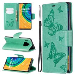 Embossing Double Butterfly Leather Wallet Case for Huawei Mate 30 Pro - Green