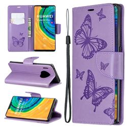 Embossing Double Butterfly Leather Wallet Case for Huawei Mate 30 Pro - Purple