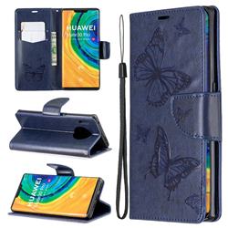 Embossing Double Butterfly Leather Wallet Case for Huawei Mate 30 Pro - Dark Blue
