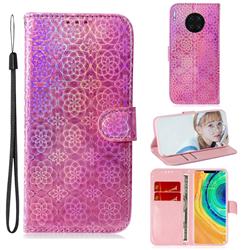 Laser Circle Shining Leather Wallet Phone Case for Huawei Mate 30 Pro - Pink