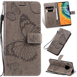 Embossing 3D Butterfly Leather Wallet Case for Huawei Mate 30 Pro - Gray