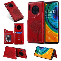 Luxury R61 Tree Cat Magnetic Stand Card Leather Phone Case for Huawei Mate 30 Pro - Red