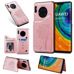Luxury R61 Tree Cat Magnetic Stand Card Leather Phone Case for Huawei Mate 30 Pro - Rose Gold