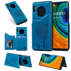 Luxury R61 Tree Cat Magnetic Stand Card Leather Phone Case for Huawei Mate 30 Pro - Blue