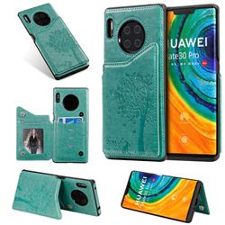 Luxury R61 Tree Cat Magnetic Stand Card Leather Phone Case for Huawei Mate 30 Pro - Green
