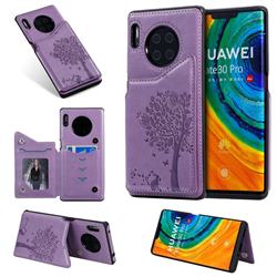 Luxury R61 Tree Cat Magnetic Stand Card Leather Phone Case for Huawei Mate 30 Pro - Purple